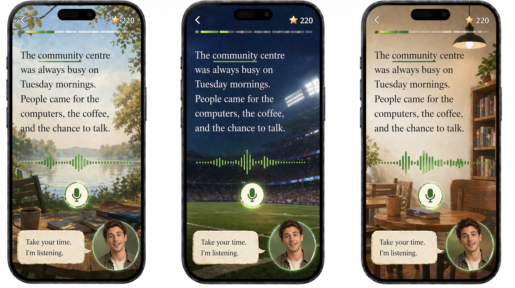 Three phone screens showing the reading aloud module with Matt as Coach, across a garden path, community noticeboard, and warm indoor reading room.